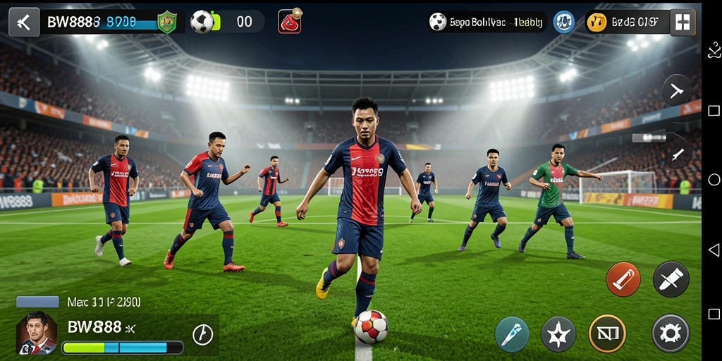 Screenshot gameplay BW888 dengan aksi permainan sepak bola yang mendebarkan.