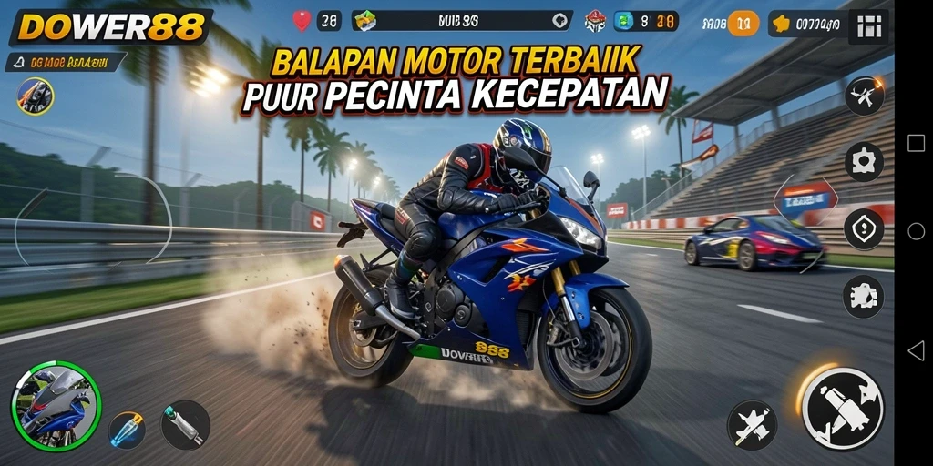 Screenshot gameplay DOWER88 menunjukkan aksi balapan motor yang mendebarkan.