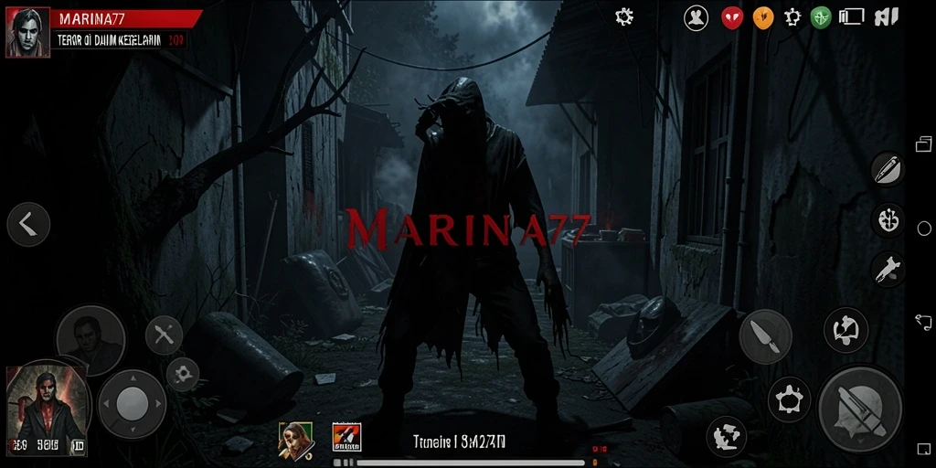 Screenshot gameplay MARINA77 menampilkan suasana mencekam dan kegelapan yang melingkupi.