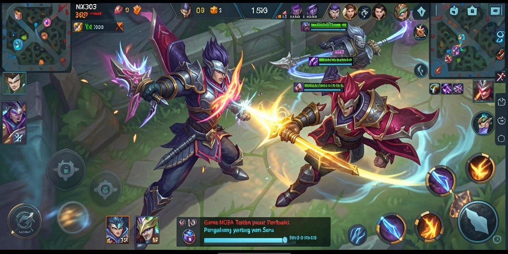 Screenshot gameplay NX303 menampilkan pertempuran MOBA yang seru dan dinamis.