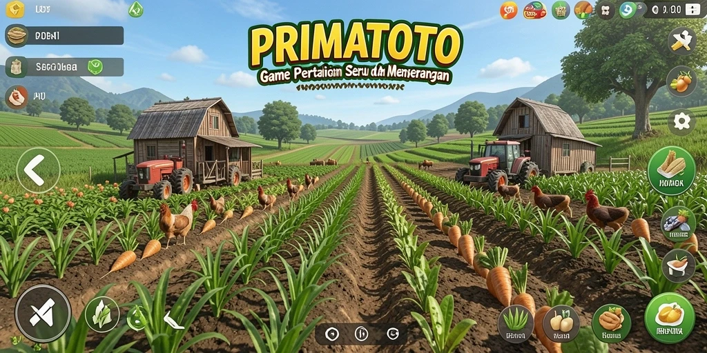 Gameplay seru di PRIMATOTO dengan kebun yang subur dan hewan ternak.